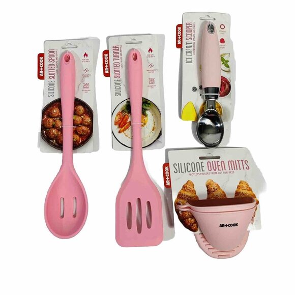 AR Cook Kitchen Utensils Retro Pink Silicone Set Turner Spoon Mitts Scooper - Picture 1 of 7
